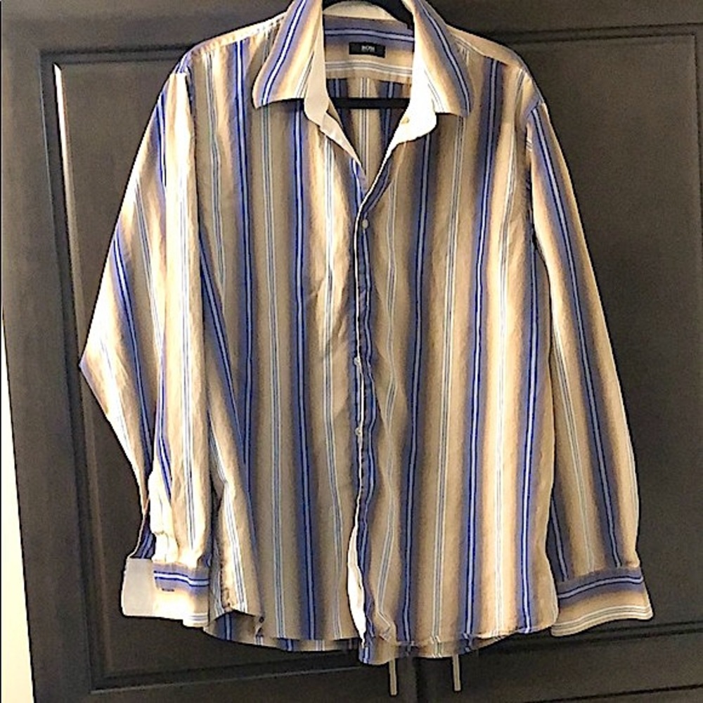 Hugo Boss dress shirt-striped button down in beige and purple